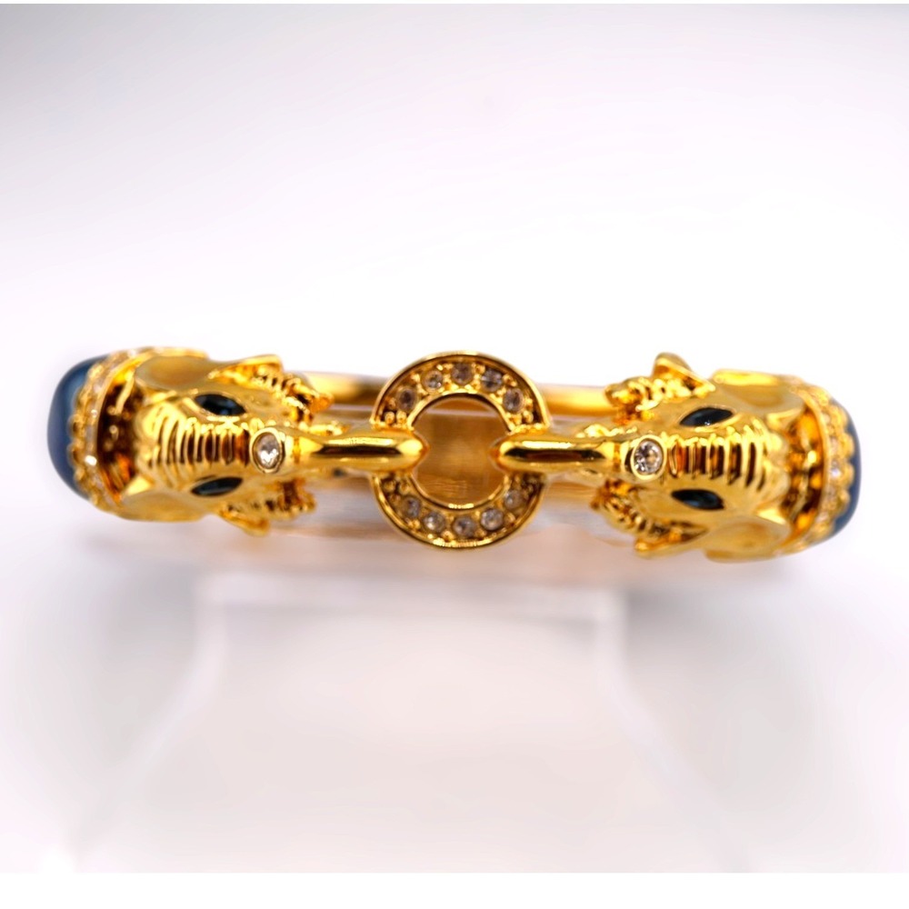 Kenneth Jay Lane Raj Elephant Bangle Bracelet Blue Enamel Gold Tone Vintage NOS - Picture 3 of 7